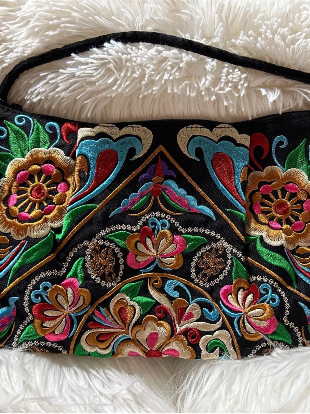Embroidered Floral Black Shoulder Bag - Vibrant Multicolor Design